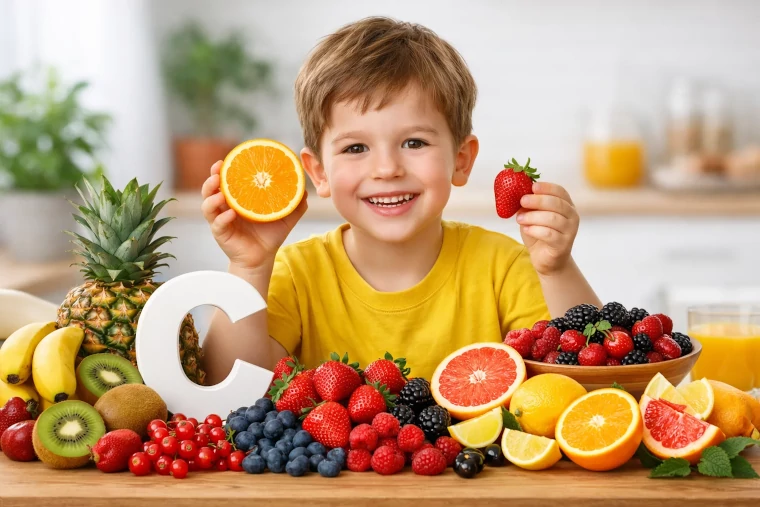 Child with fruits and berries rich in vitamin C