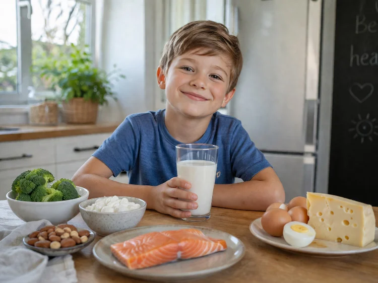 Calcium for children and vitamin D: child with dairy products and vitamins, a theme of bone health and growth