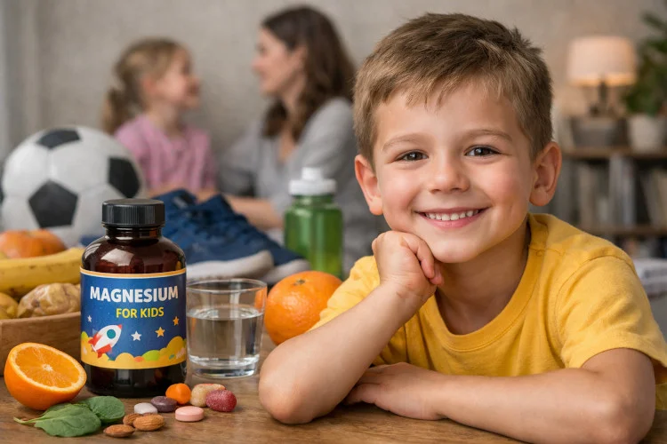 Magnesium for kids supplement with a happy child, healthy lifestyle elements, and a parent-friendly wellness theme.