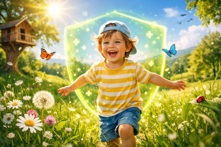 Happy child playing outdoors, boosting natural immunity