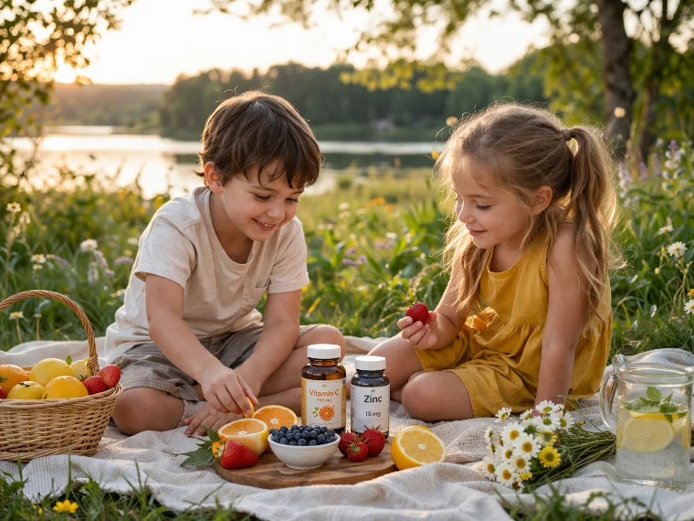 Vitamin C and zinc for kids: illustration about immune support, growth, daily nutrition, and choosing children’s vitamins by age