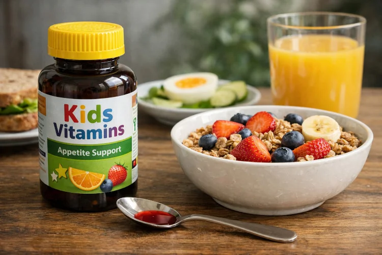 Vitamins for children's appetite: a bottle of kids’ vitamins, a spoon, and a healthy breakfast on the table