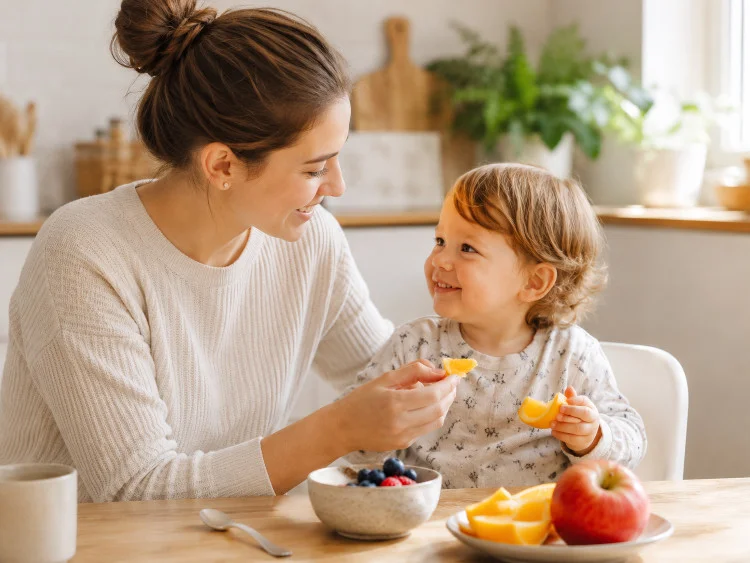 Vitamins for 2-year-old children in drops and syrup on a table next to a child’s spoon and fruit