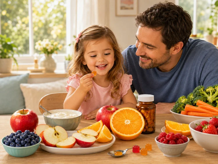 Vitamins for 4-year-old children in the form of chewable gummies and supplements for daily child support