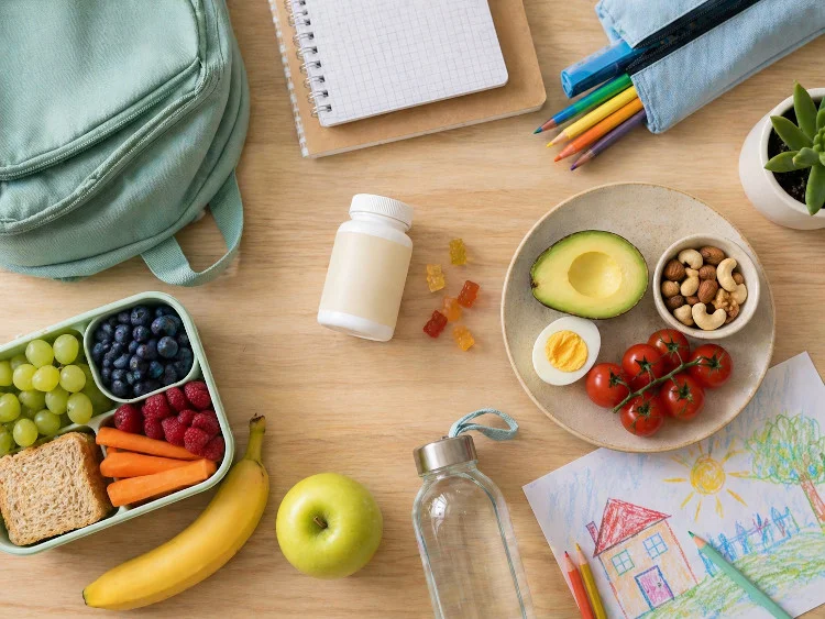 5-year-old child with vitamins and healthy foods on the table before kindergarten or school