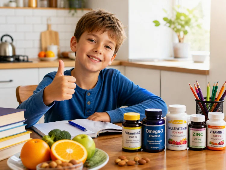 schoolchild doing homework next to vitamins for attention energy and immunity